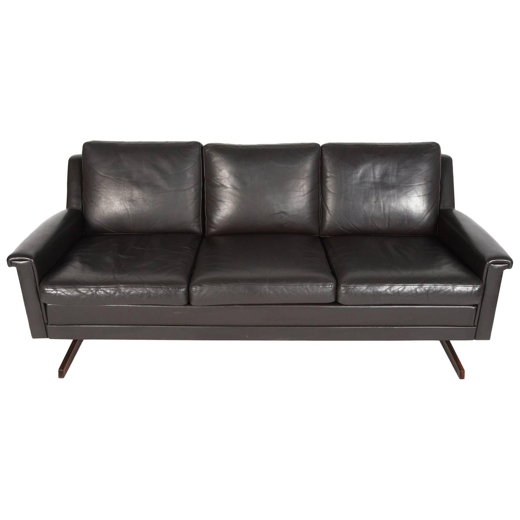 Three-Seat Rosewood and Leather Sofa