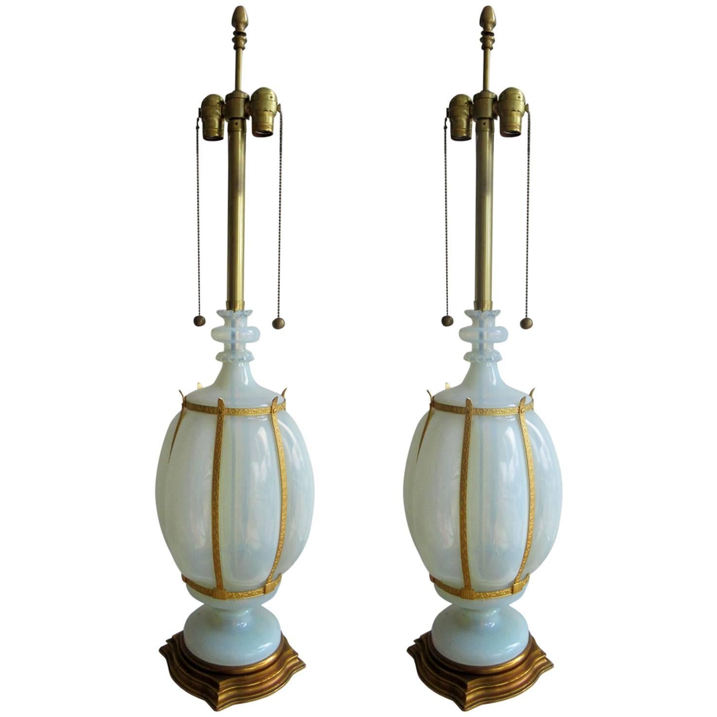 Pair of Vintage Marbro Barovier Opalescent Sky-Blue Lamps For Sale