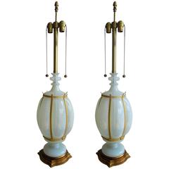 Pair of Vintage Marbro Barovier Opalescent Sky-Blue Lamps