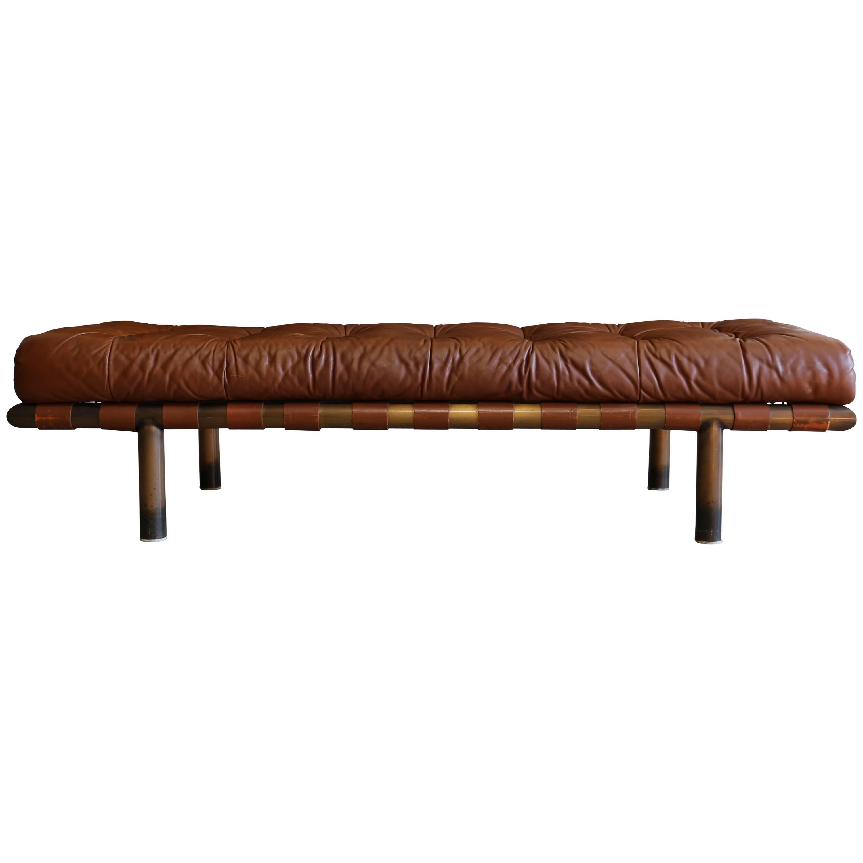 Brass and Tufted Leather Bench