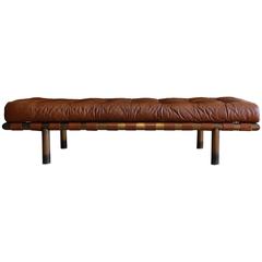 Brass and Tufted Leather Bench