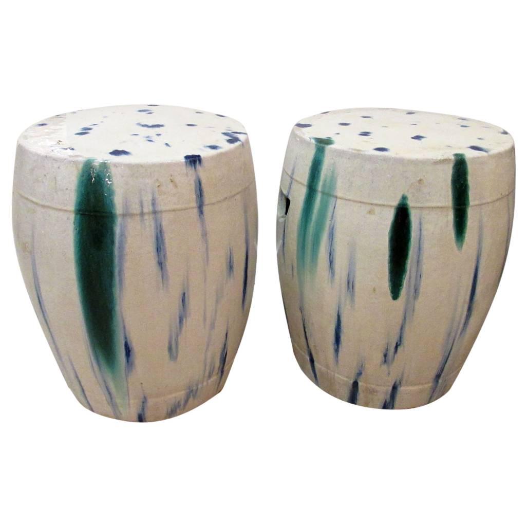 Pair of Chinese Ceramic Garden Seats with Blue and Green Tie-Dye Glaze