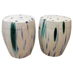 Pair of Chinese Ceramic Garden Seats with Blue and Green Tie-Dye Glaze