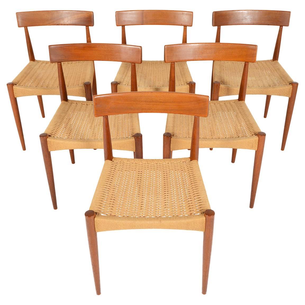 Set of Six Arne Hovmand Olsen for Mogens, Kold Teak and Paper Cord Dining Chairs