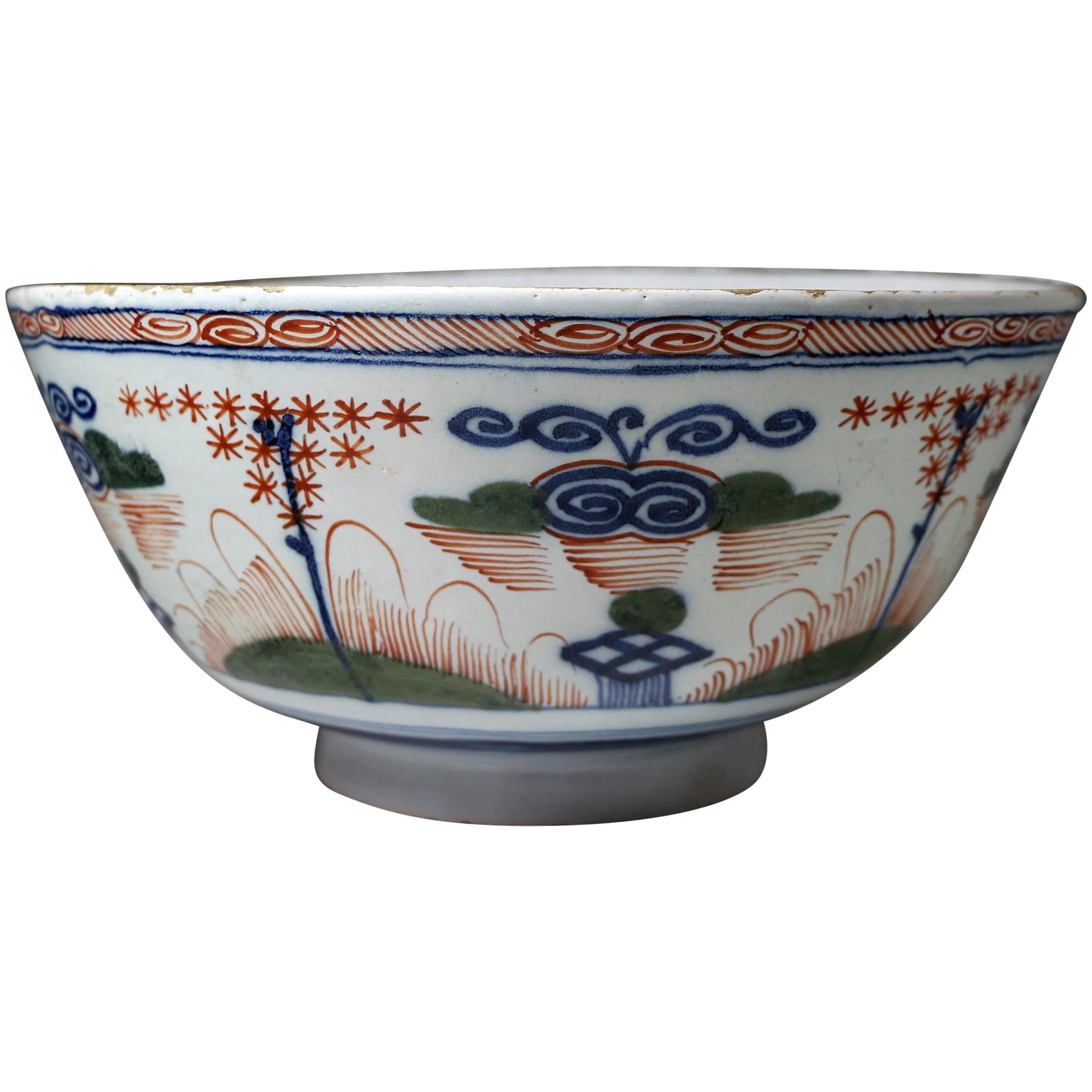 Antique English Delftware Bowl with Polychrome Decoration For Sale