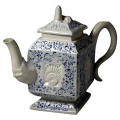 Pottery Salt Laze Teapot Relief Decorated in Blue with Shells Foliage and Birds