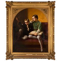 Mid-19th Century Romantic Period Portrait of Two Children, Oil on Canvas, Signed