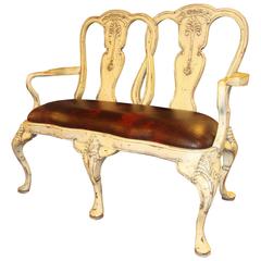 Vintage Paint Decorated Portuguese Carved Bench