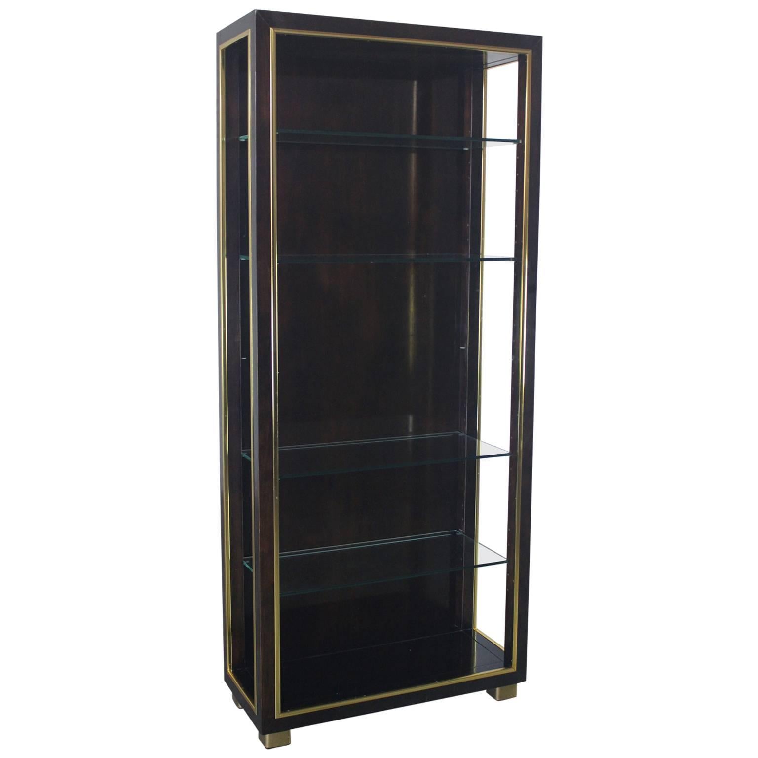 Vintage Dark Wood Etagere Bookcase with Brass Trim and Glass Shelves