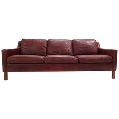 Swedish OPE Burgundy Brown Leather Three-Seat Sofa, Midcentury, 1960s