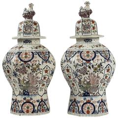 Netherlands 18th Century Fine, Large Peacock Delft Polychrome Vases, circa 1750
