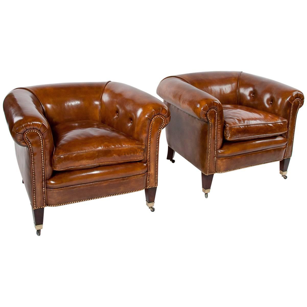 Quality Pair of Antique Leather Tub Armchairs