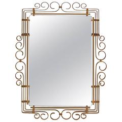 Antique Art Deco Bevel Edge Wall Mirror in Brass Frame, circa 1930s