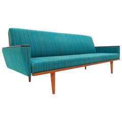Scandinavian Turquoise Wool and Teak Four-Seat Double Sofabed, Midcentury