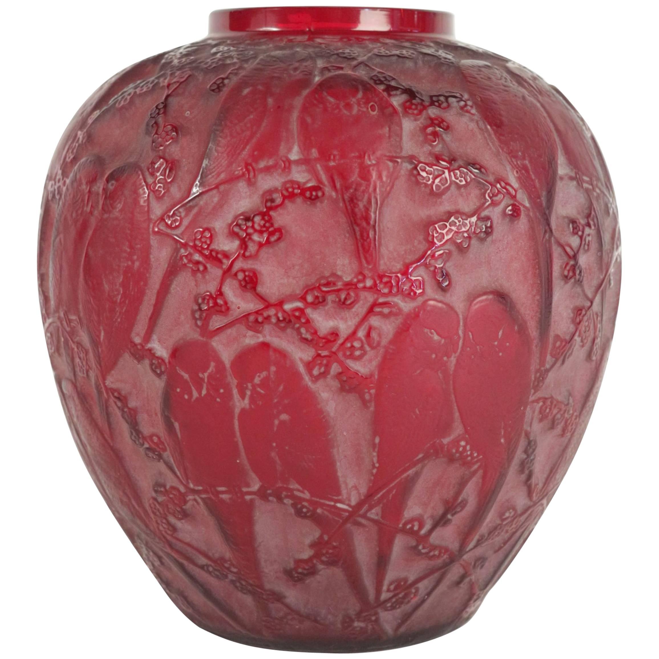 Rene Lalique Vase "Perruches" Red Glass