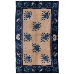 Antique Chinese Art Deco Area Rug Bamboo Peony in Ivory and Indigo Blue