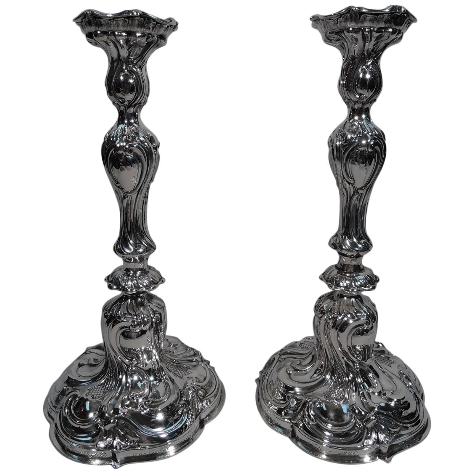 Pair of Tall Antique German Rococo Silver Candlesticks