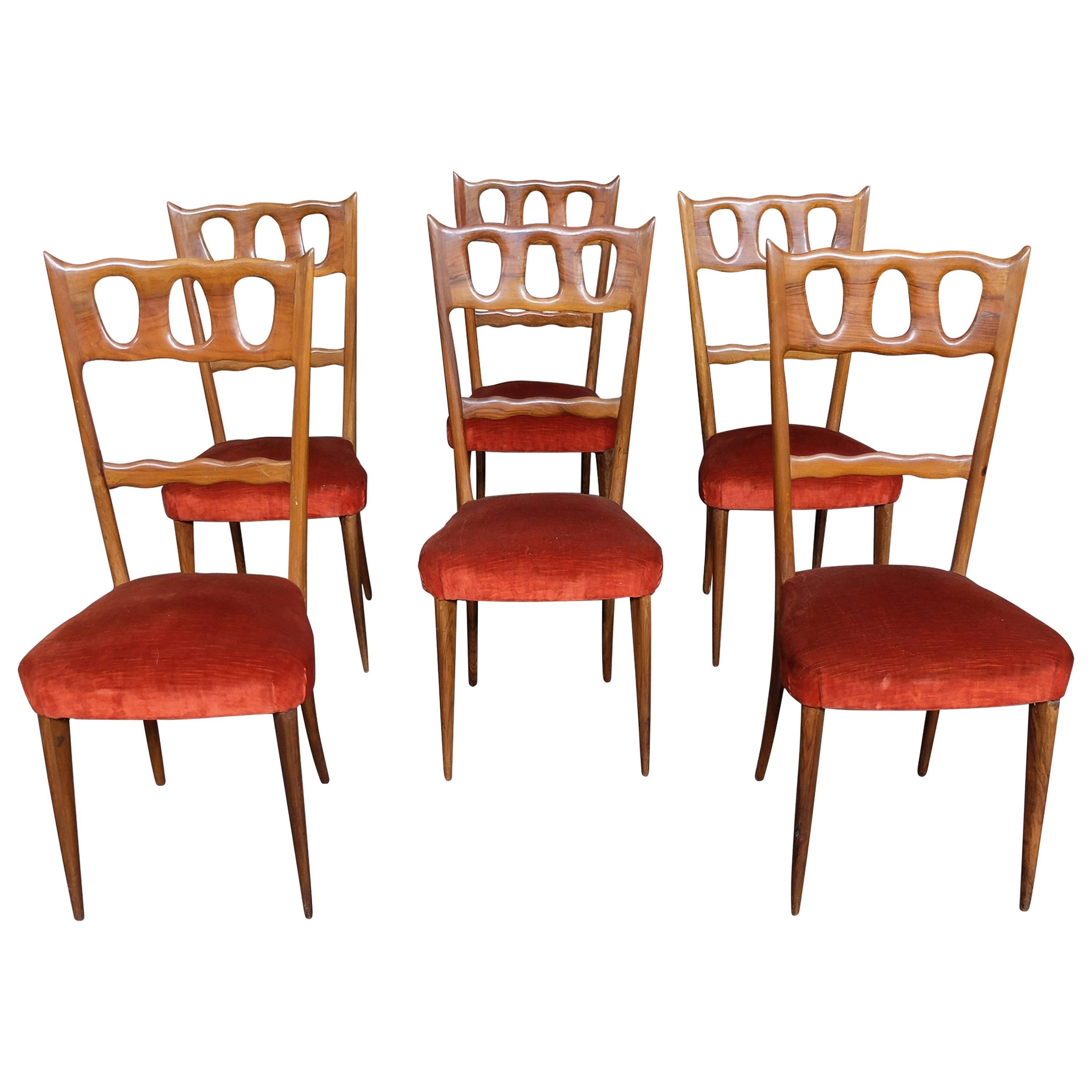 Paolo Buffa, Set of Six Elegant Walnut and Red Velvet Chairs