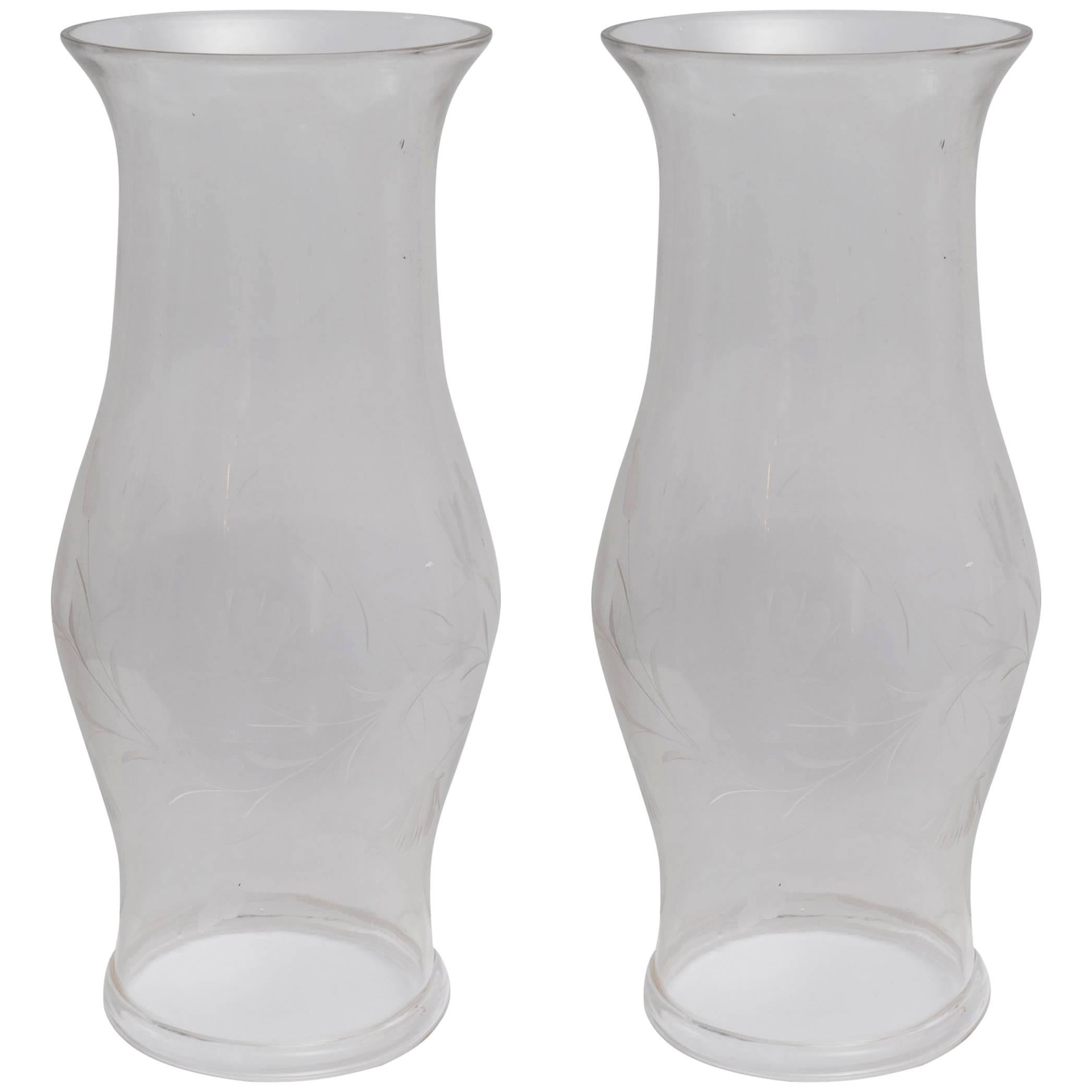 Pair of Midcentury Handblown Etched Hurricane Shades