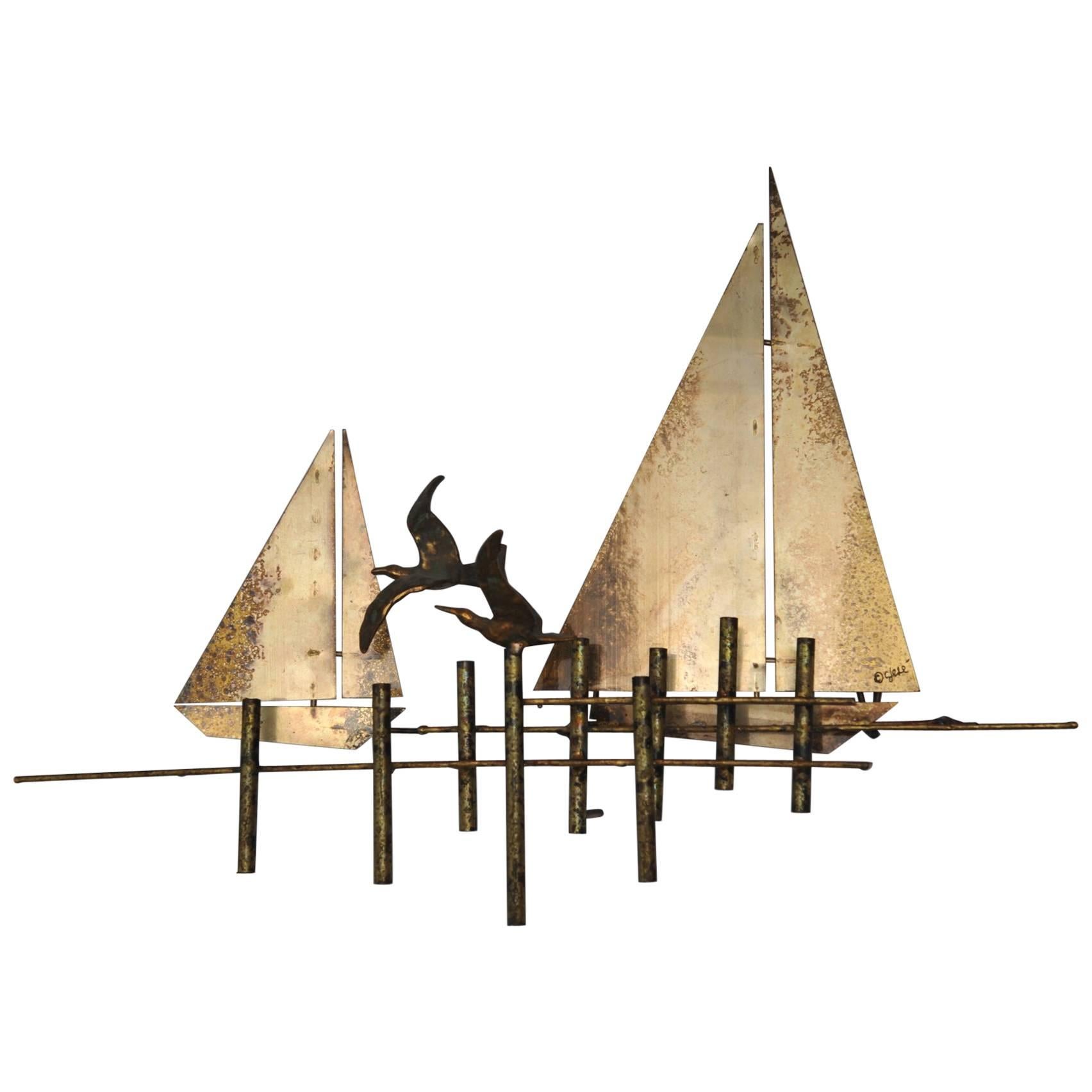 Signed and Dated Curtis Jere Brutalist Sailboat Sculpture, 1979