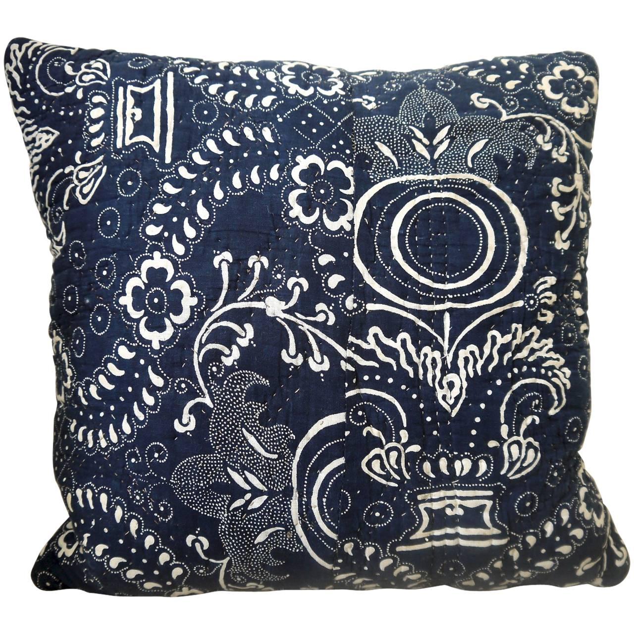 Early 19th Century French Toile De Nimes Indigo Resist Block Printed Pillow