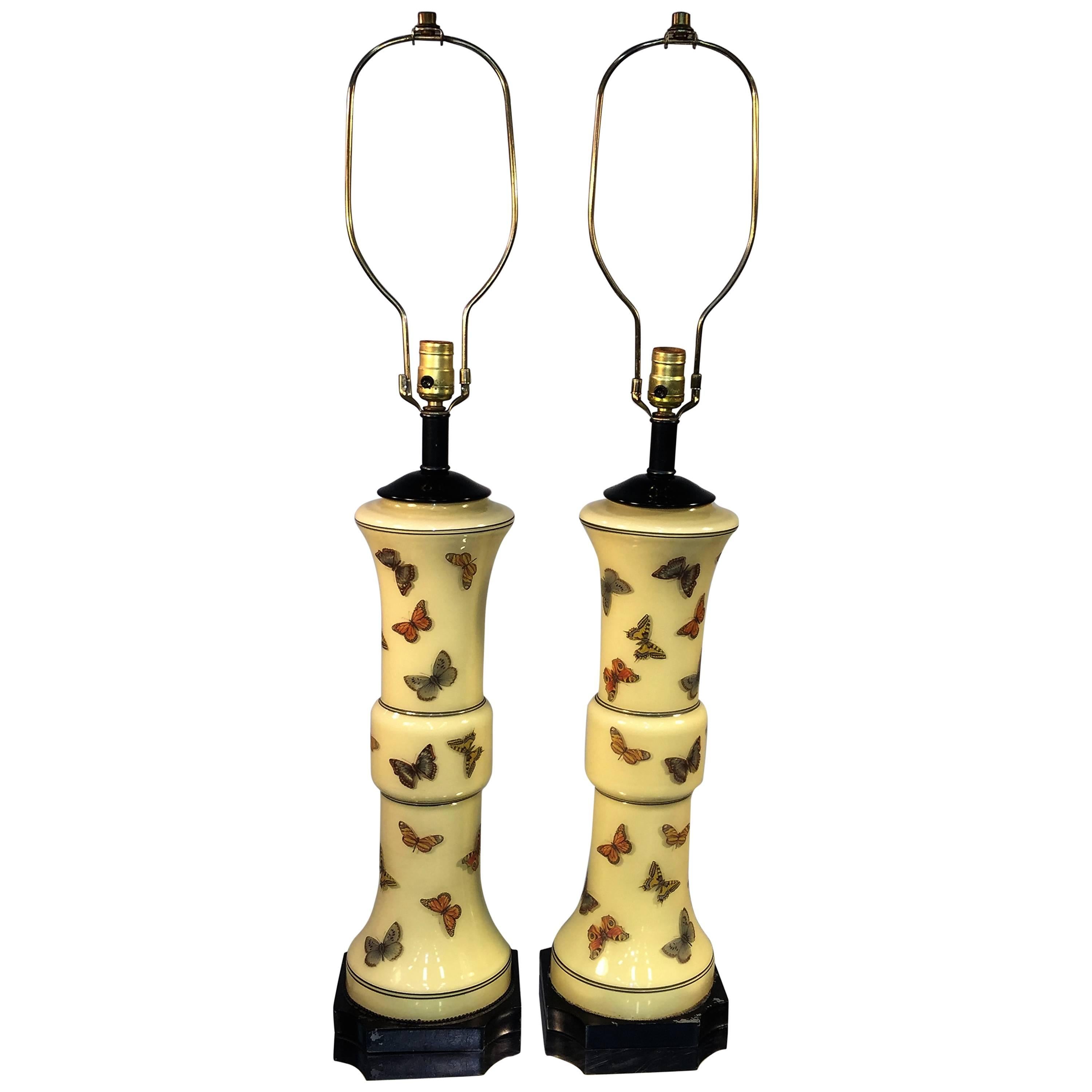 Marvelous Pair of Fornasetti Style Enameled Glass Butterfly Lamps For Sale