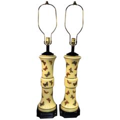 Marvelous Pair of Fornasetti Style Enameled Glass Butterfly Lamps