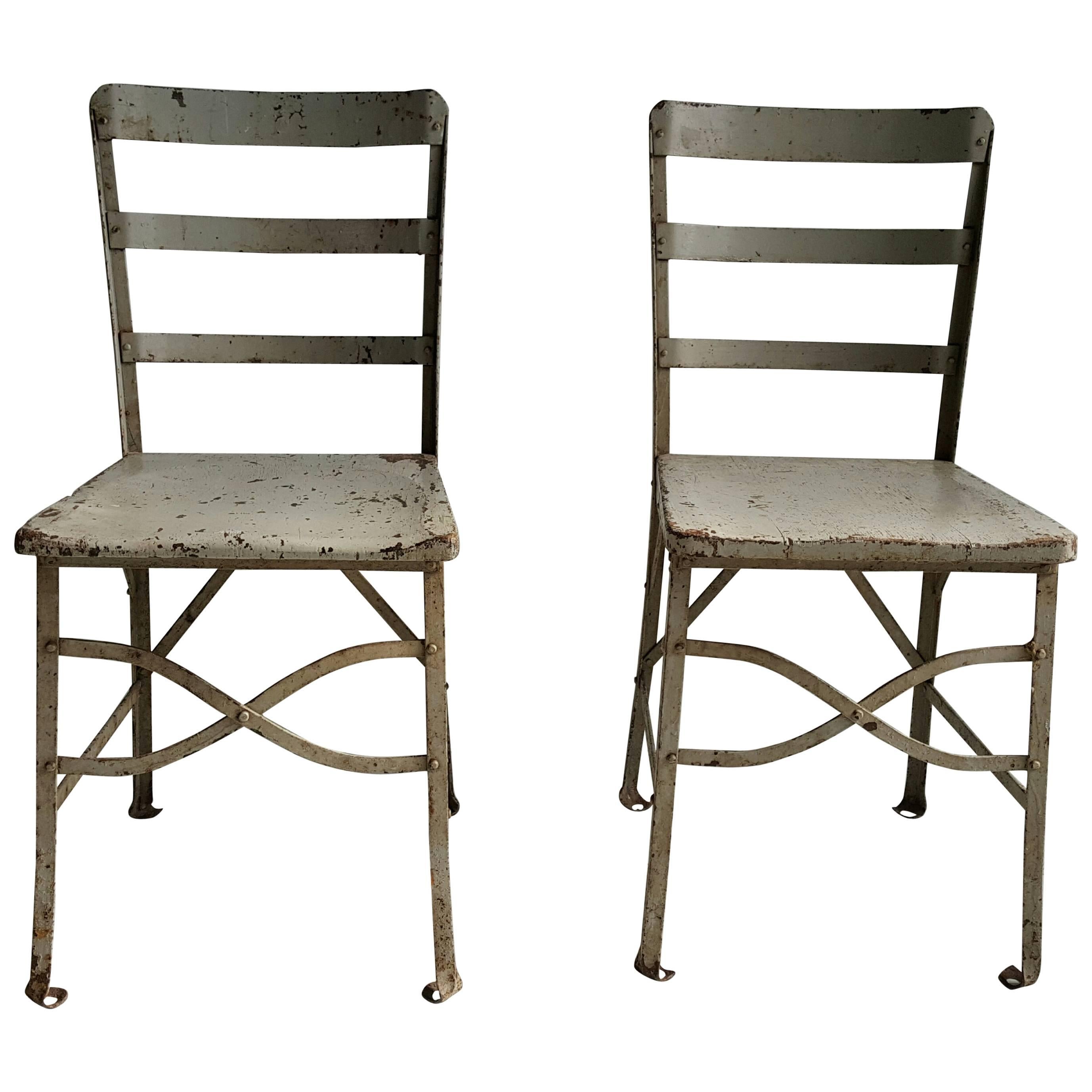 Pair of American Modernist Industrial Chairs, Old Factory Grey Paint, Toledo