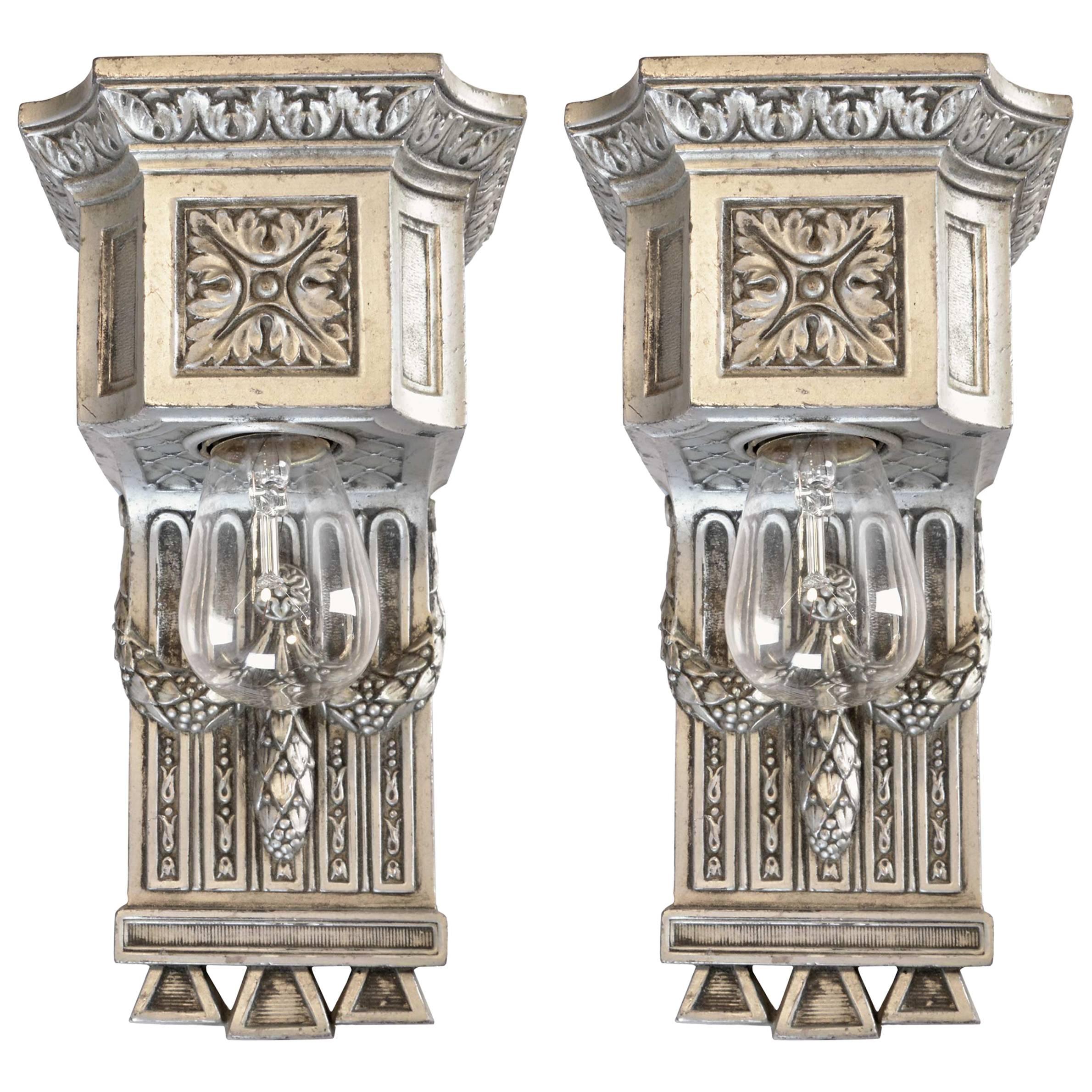 Early 20th Century Beaux Arts Silver Plated Sconce Pair