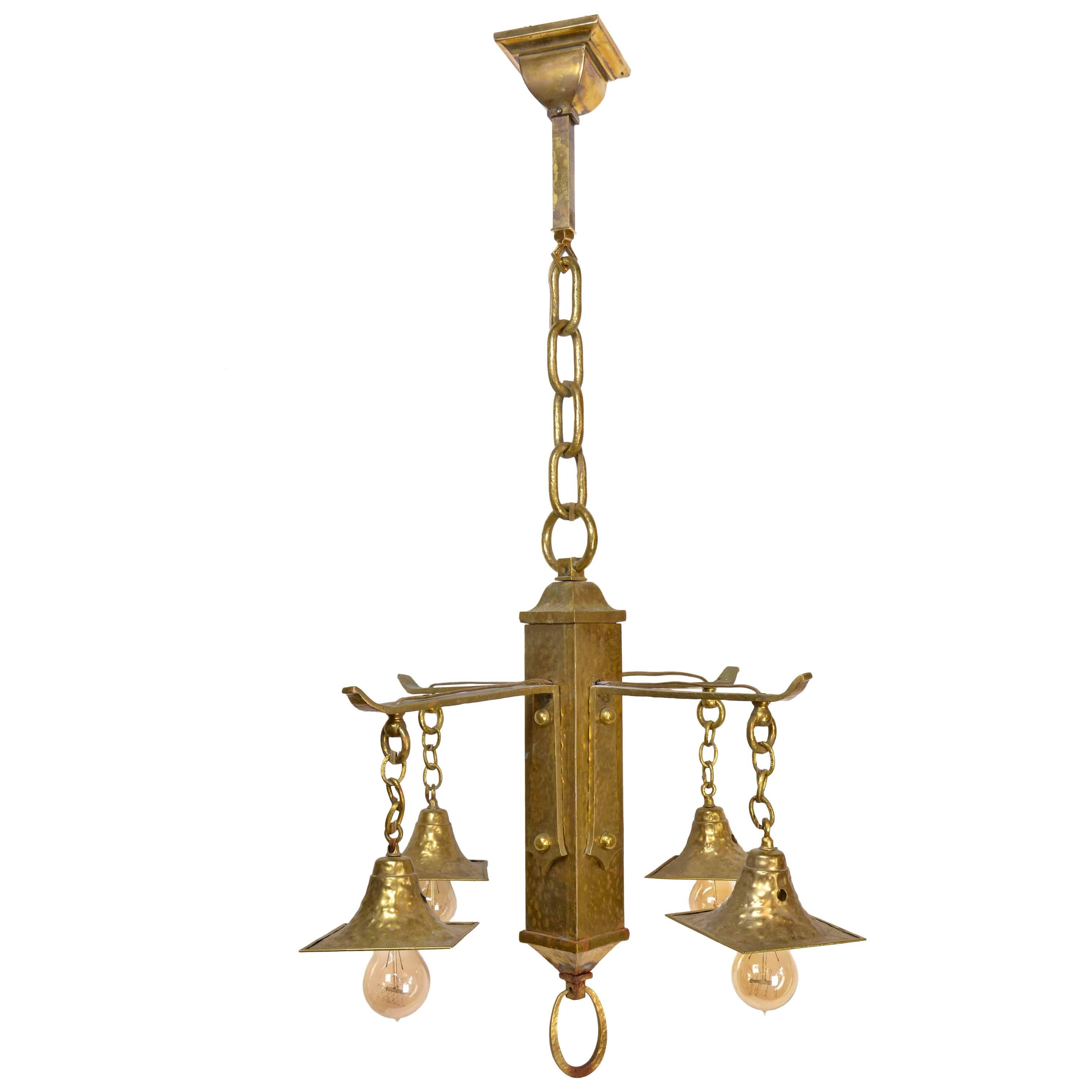 Early 20th Century Hammered Arts & Crafts Four-Arm Chandelier in Brass