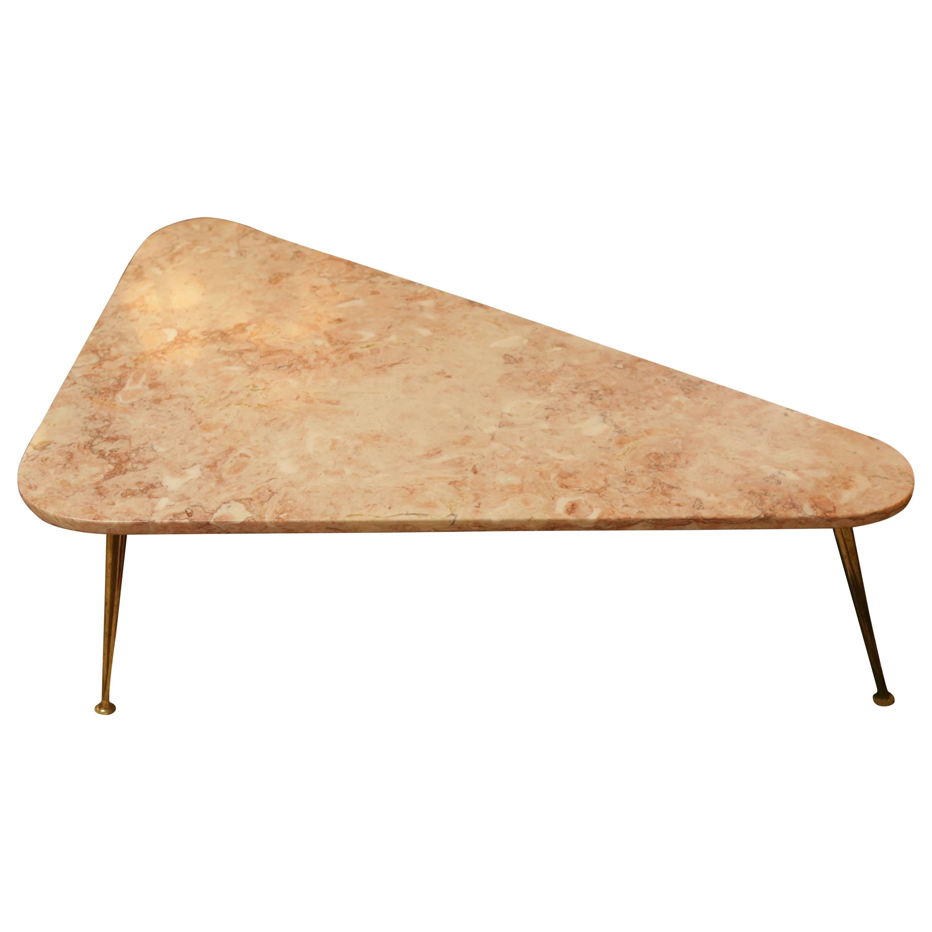 Mid-Century Rose Marble Triangular Coffee Table with Brass Legs