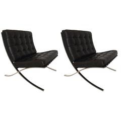 Pair of Black Leather Barcelona Chairs by Knoll