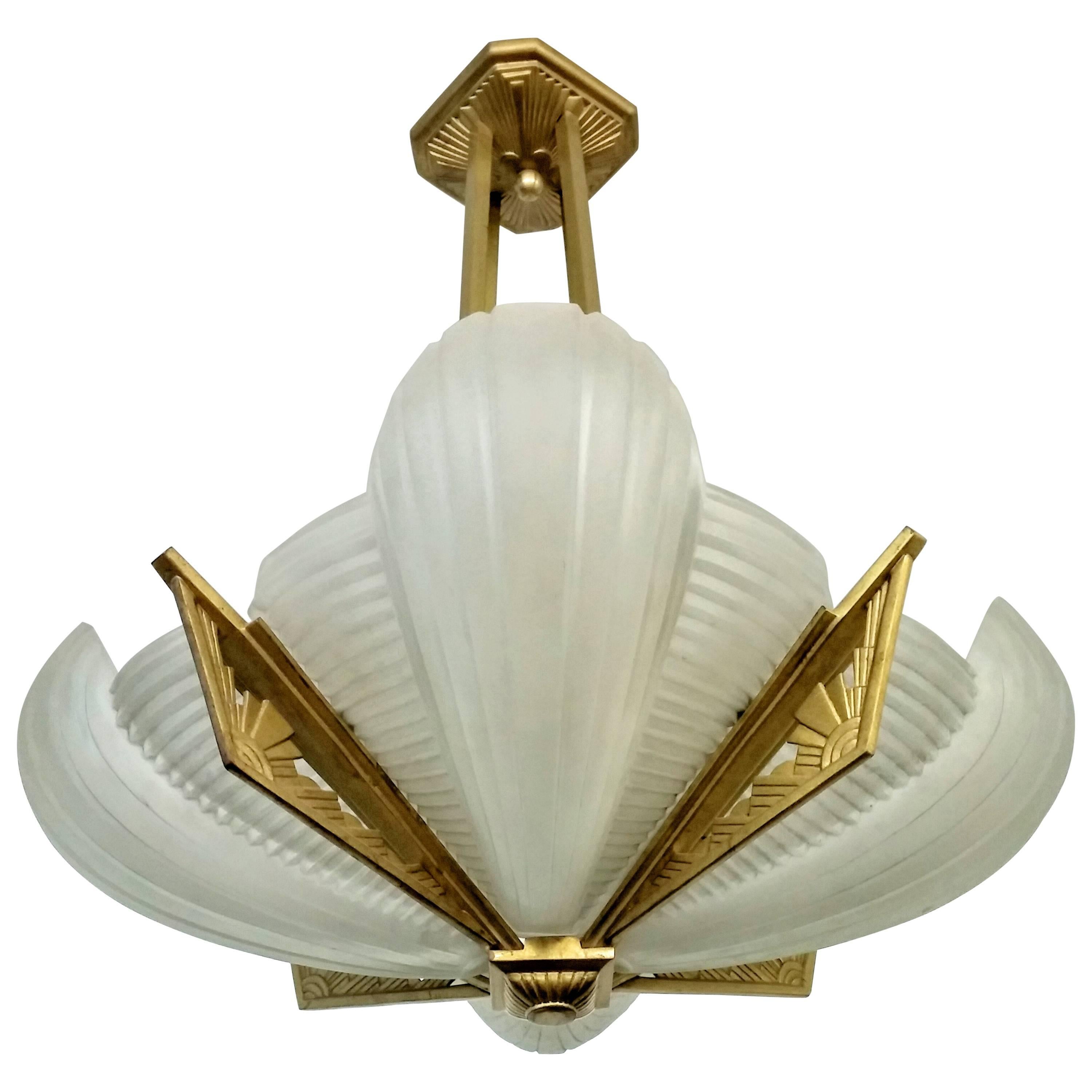 French Art Deco Pendant Chandelier by Atelier Petitot  (Pair available)