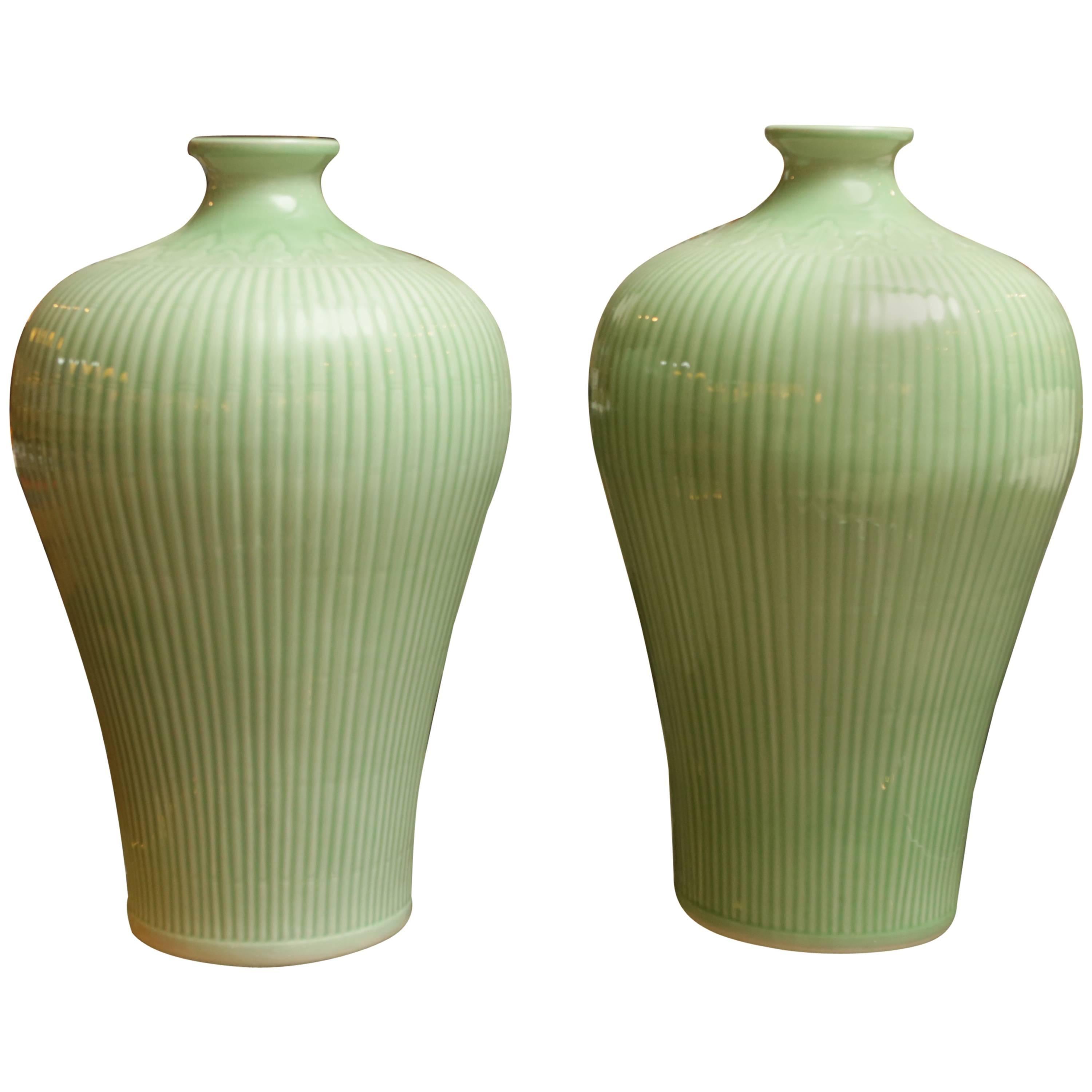 Large Ribbed Celadon Glazed Vases