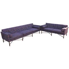 Harvey Probber Seating Group Retro Modern Sofa and Loveseat in Purple Floral