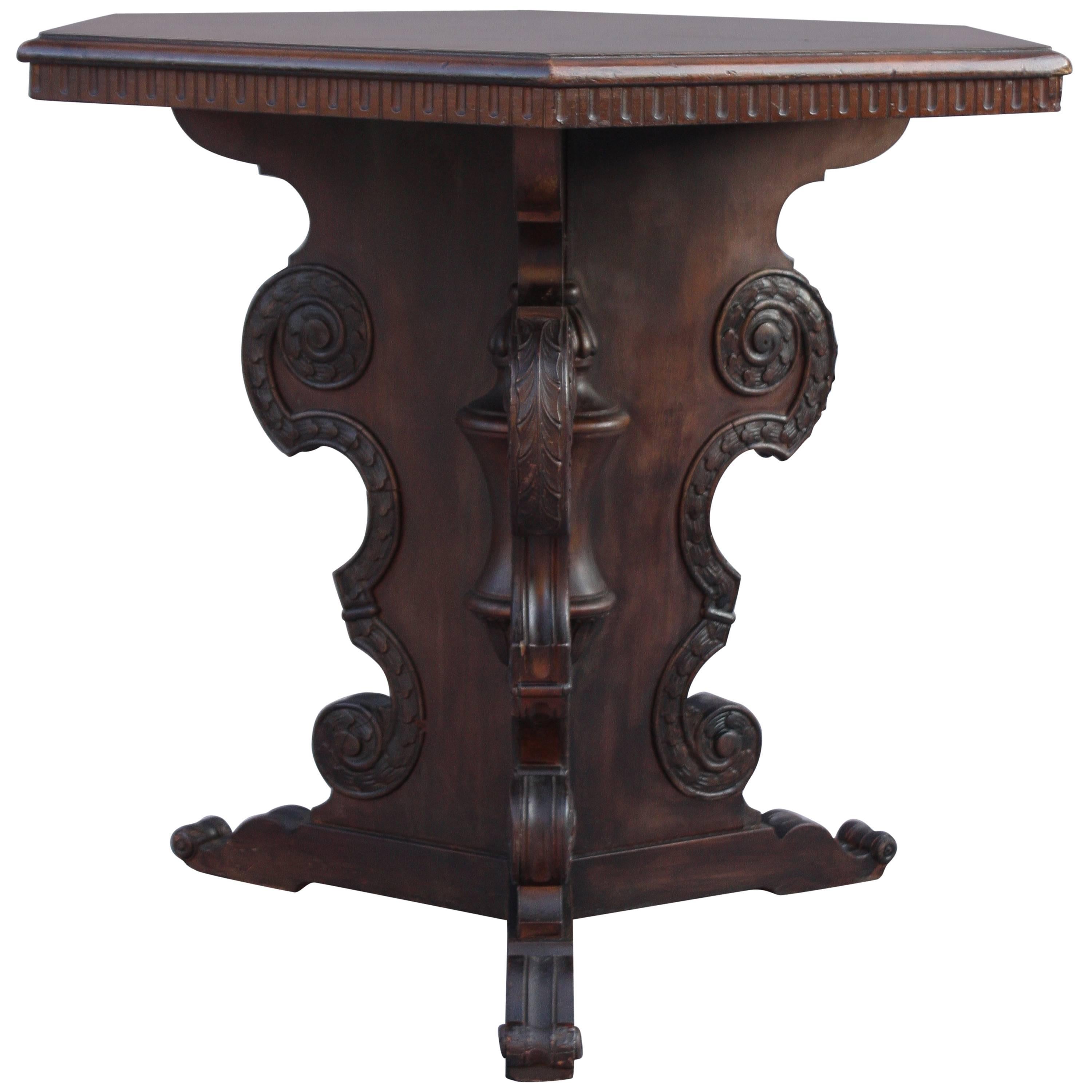 1920s Hexagonal Walnut Table with Pedestal Base