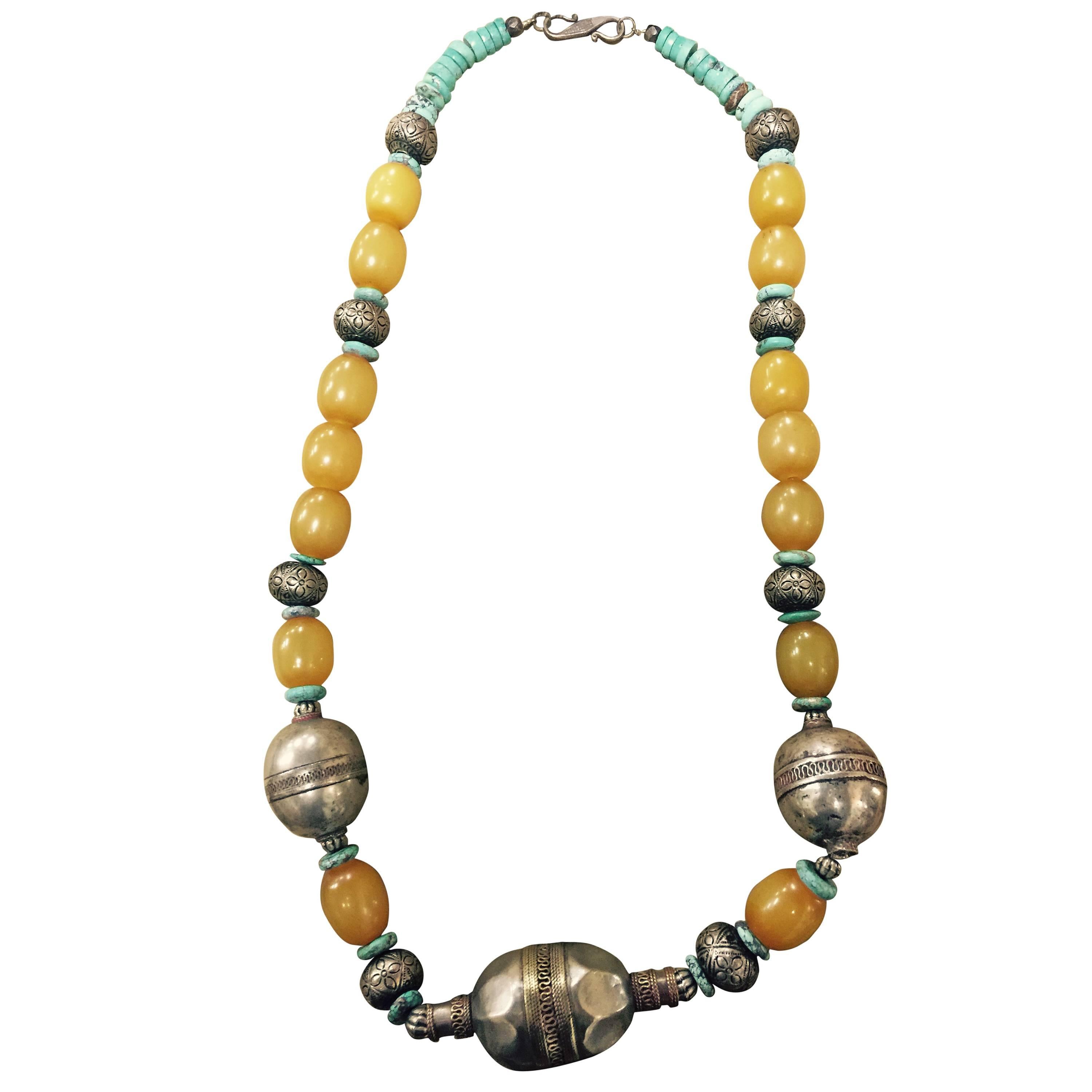 Necklace Tribal Turquoise Beads and Large Metal and Yellow Beads