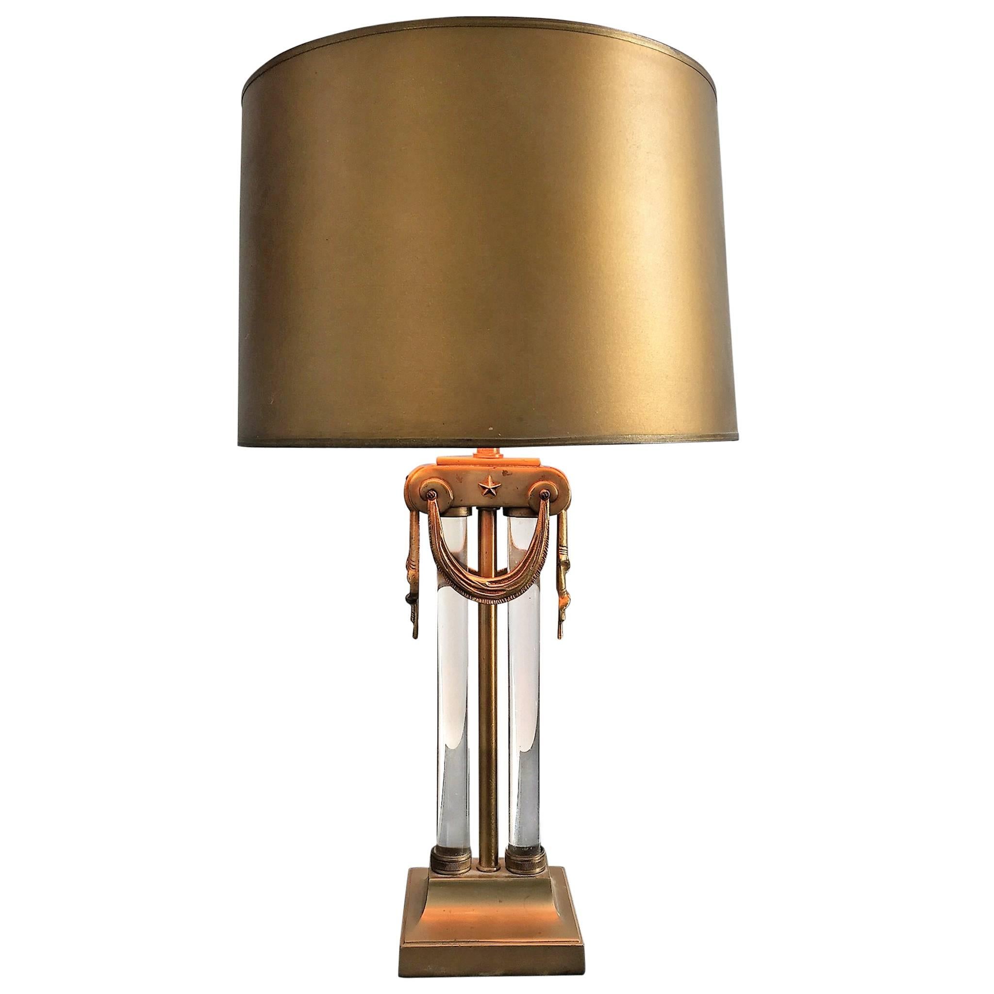 Modernist Grecian Art Deco Brass and Glass Rod Lamp by Gilbert Rohde For Sale