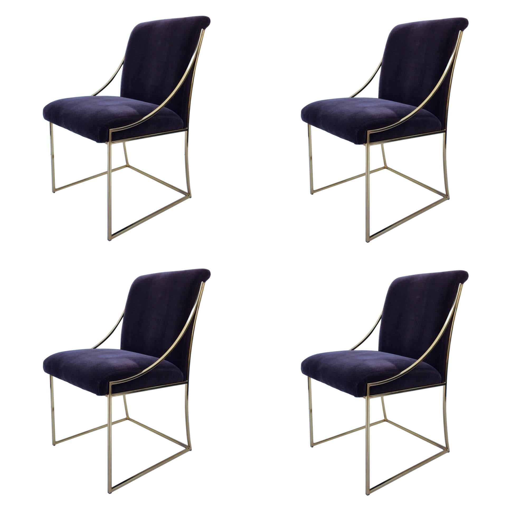 Set of Four "Thin Line" Brass and Mohair Dining Chair by Milo Baughman
