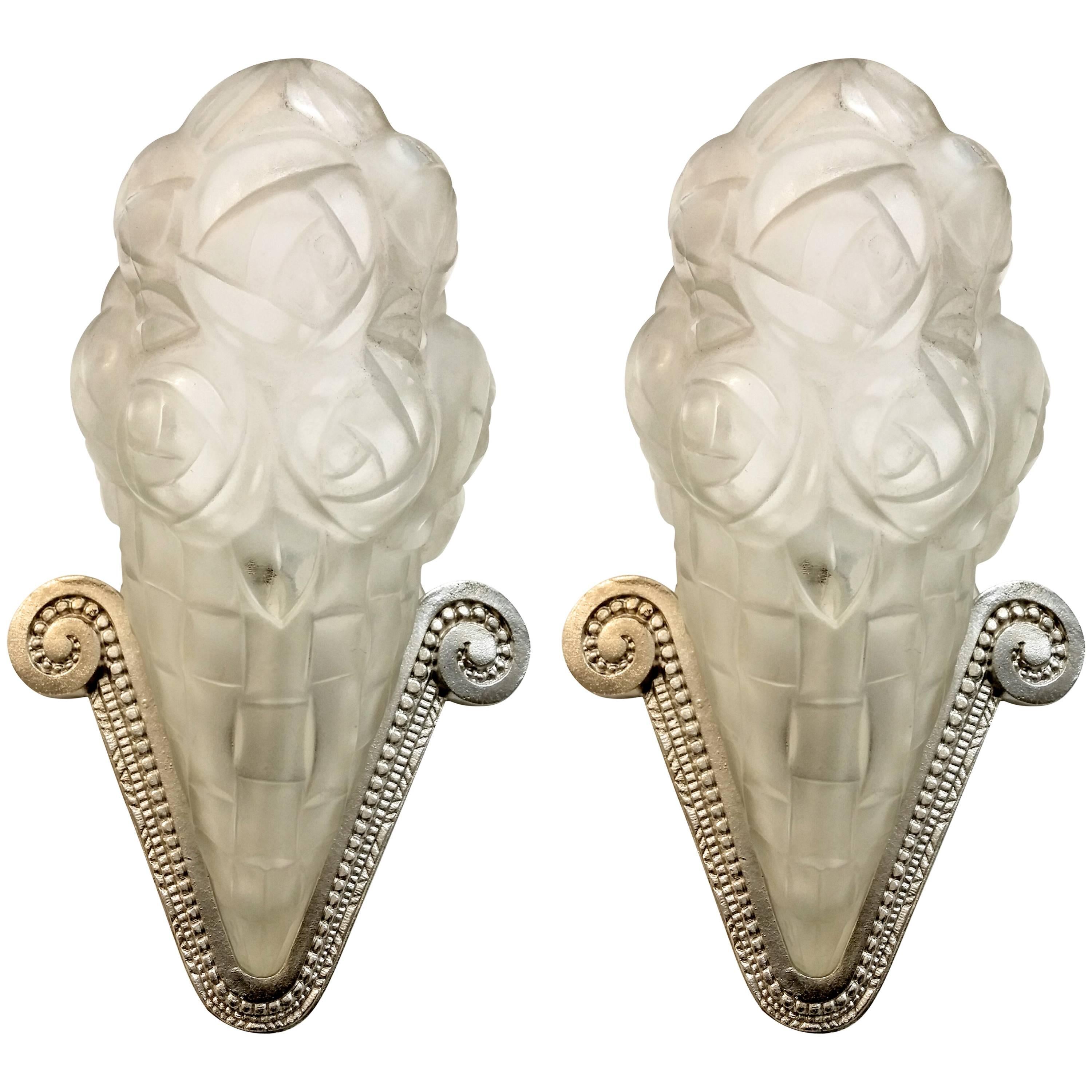 Pair of French Art Deco Wall Sconces signed by Degue For Sale