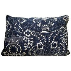 French Toile de Nimes Indigo Resist Block Printed Lumbar Pillow, circa 1800s