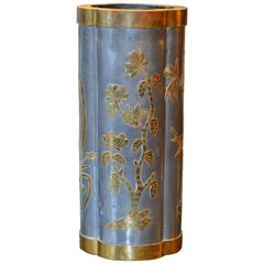 Vintage Mid-Century Chinese Pewter and Brass Tall Vase
