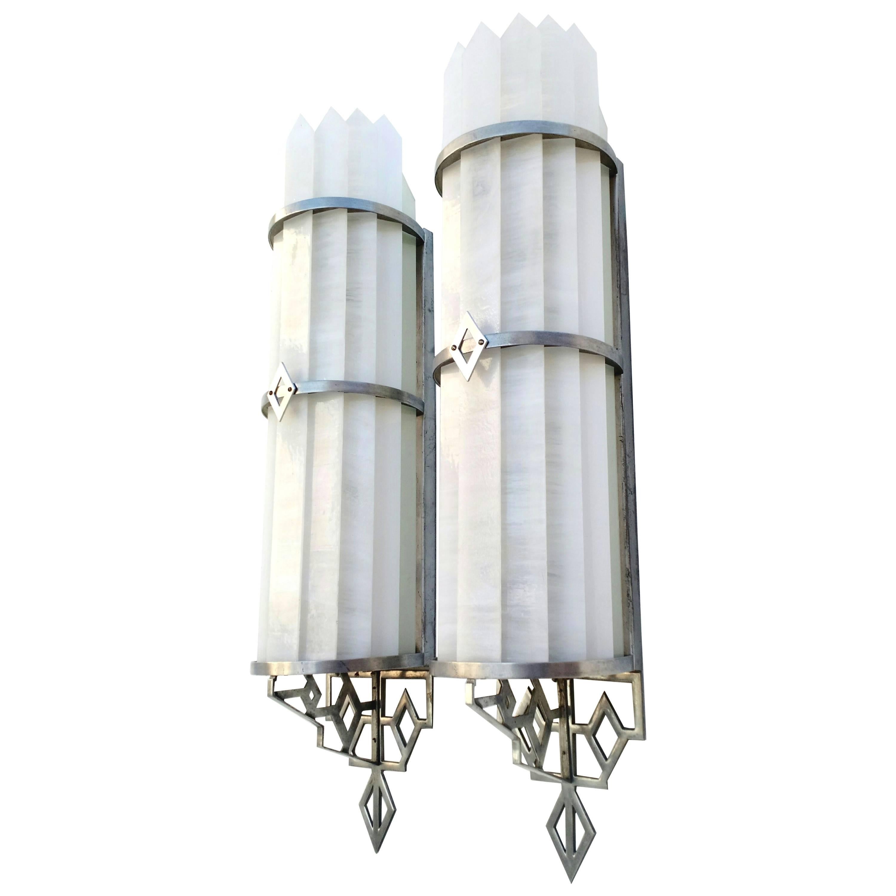 Architectural Glass and Aluminum Art Deco Theater Wall Lamp Sconces Pair