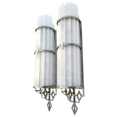 Vintage Architectural Glass and Aluminum Art Deco Theater Wall Lamp Sconces Pair