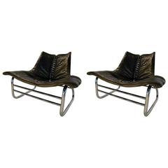 Pair of Monumental Leather and Chrome Modernist Lounge Chairs