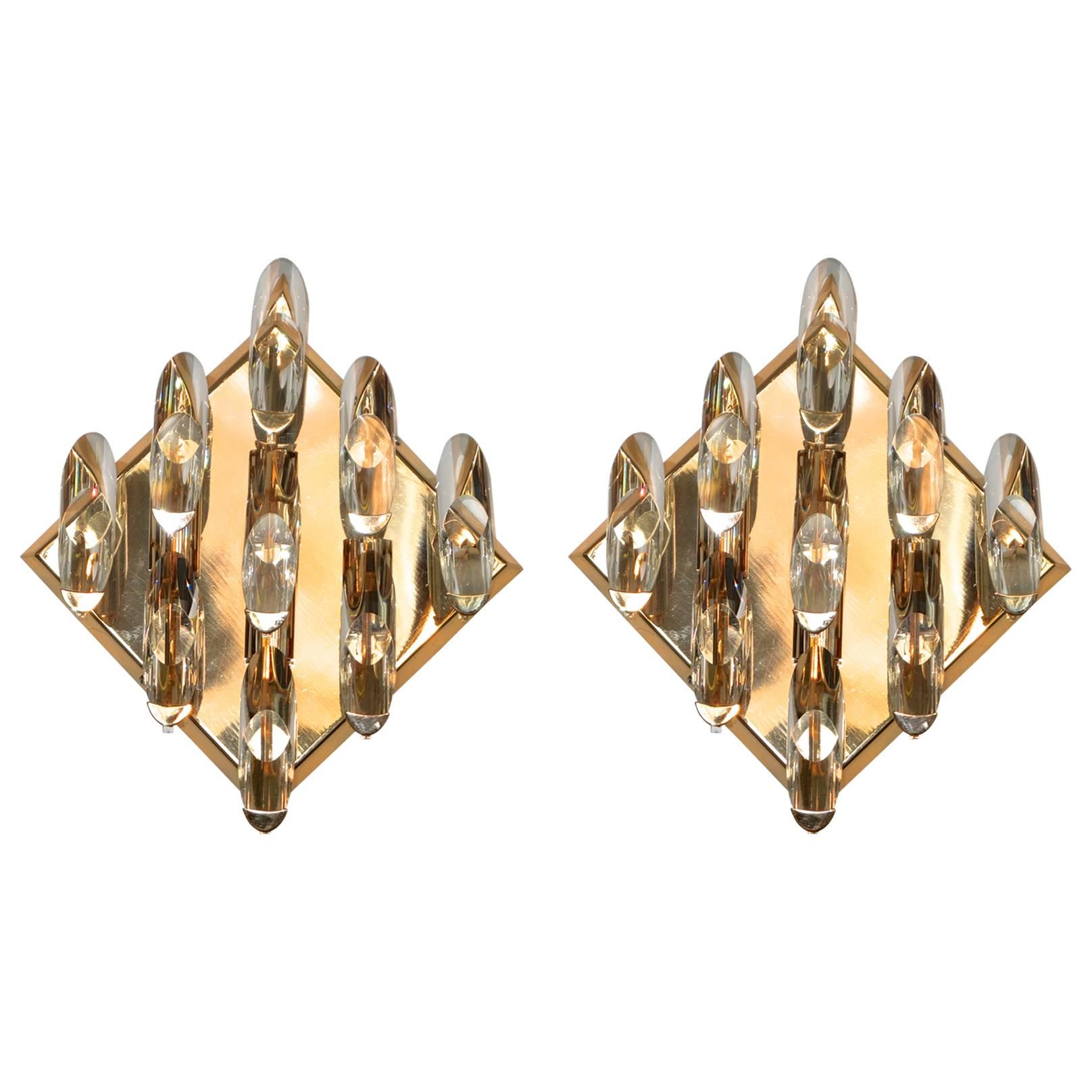 Pair of Crystal and Gold-Plated Brass Sconces by Stilkronen For Sale