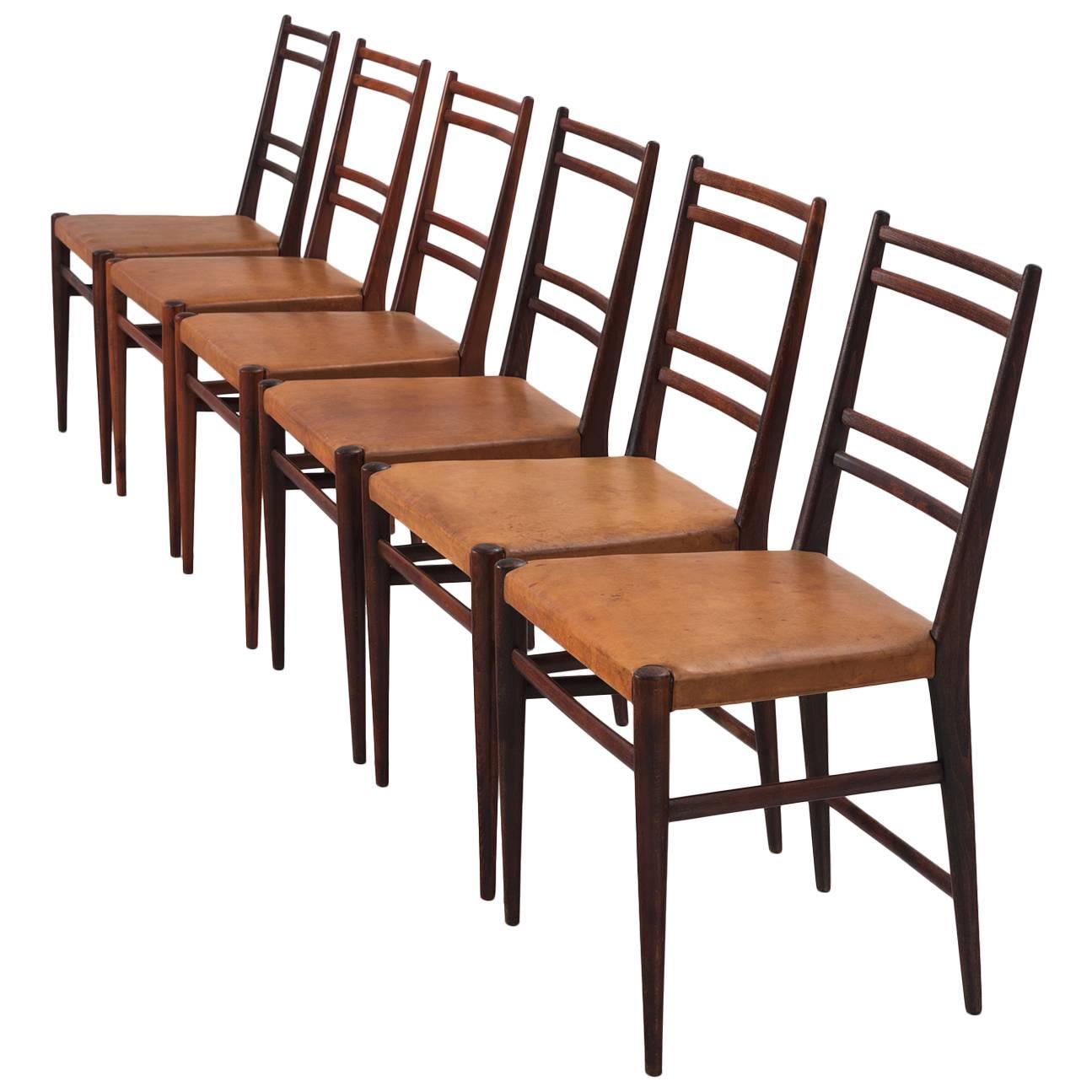 Set of Six Danish Dining Chairs in Cognac Leather