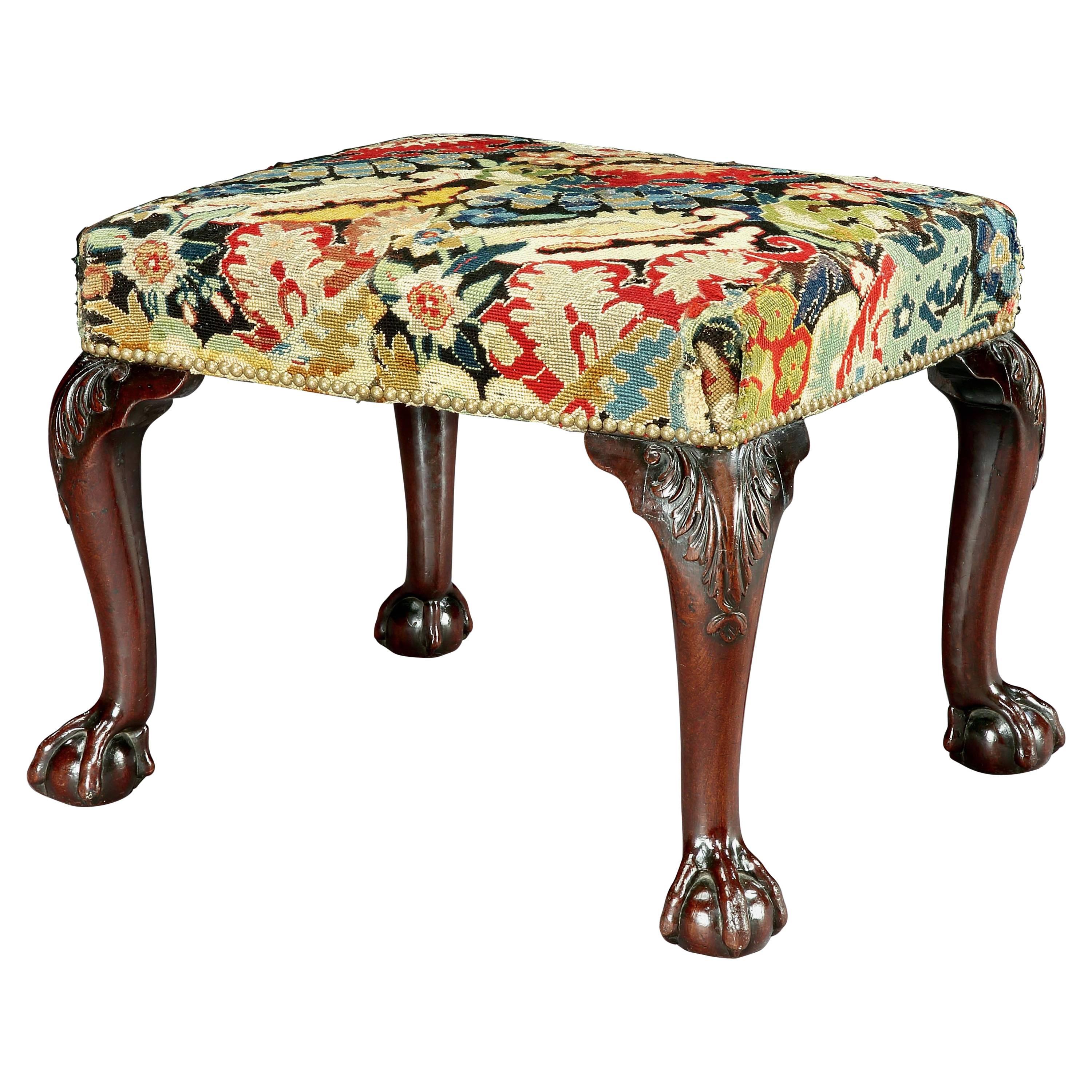 George III Mahogany Stool, Covered in 18th Century Needlework