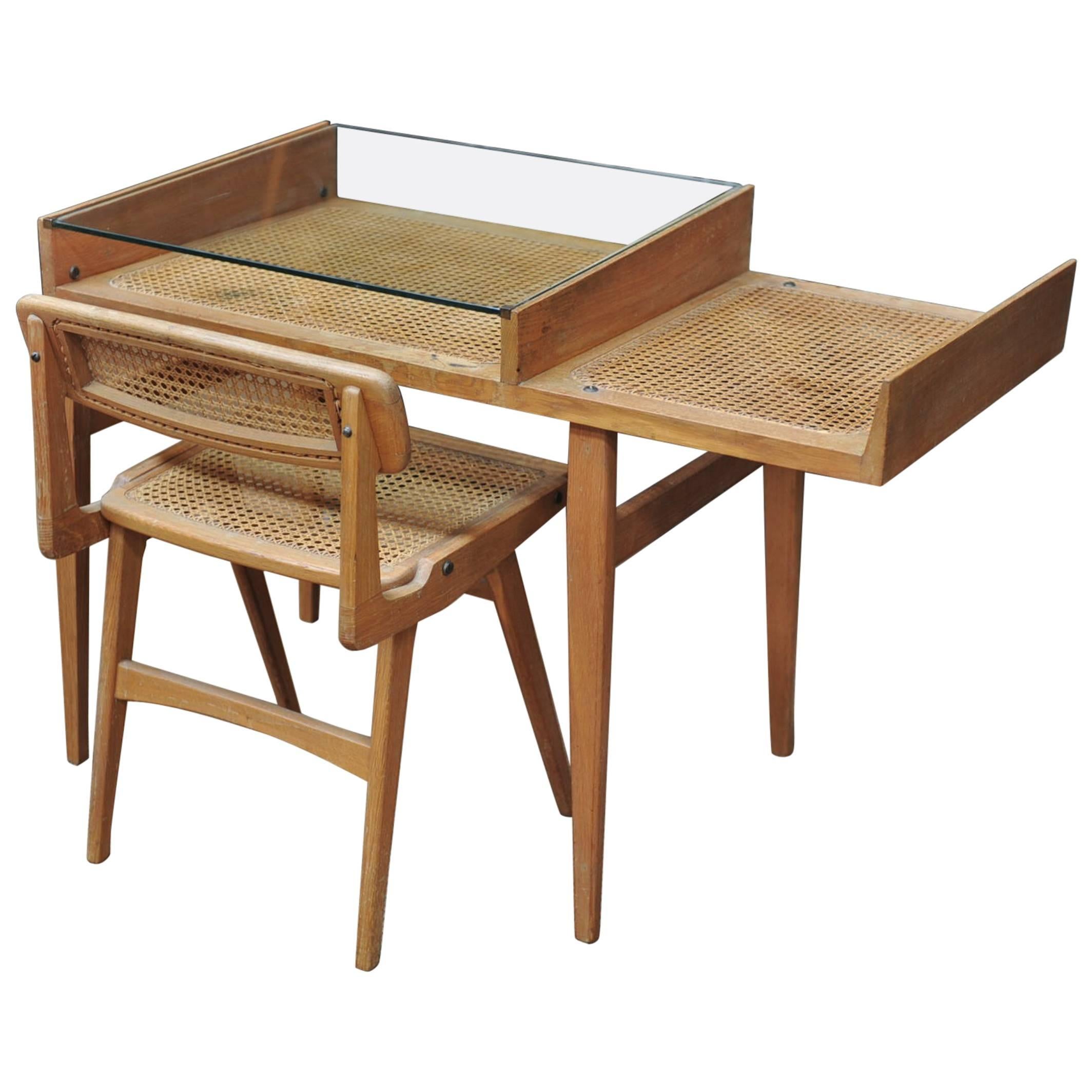 French Caned Oak Desk and Chair by Roger Landault