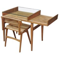 French Caned Oak Desk and Chair by Roger Landault